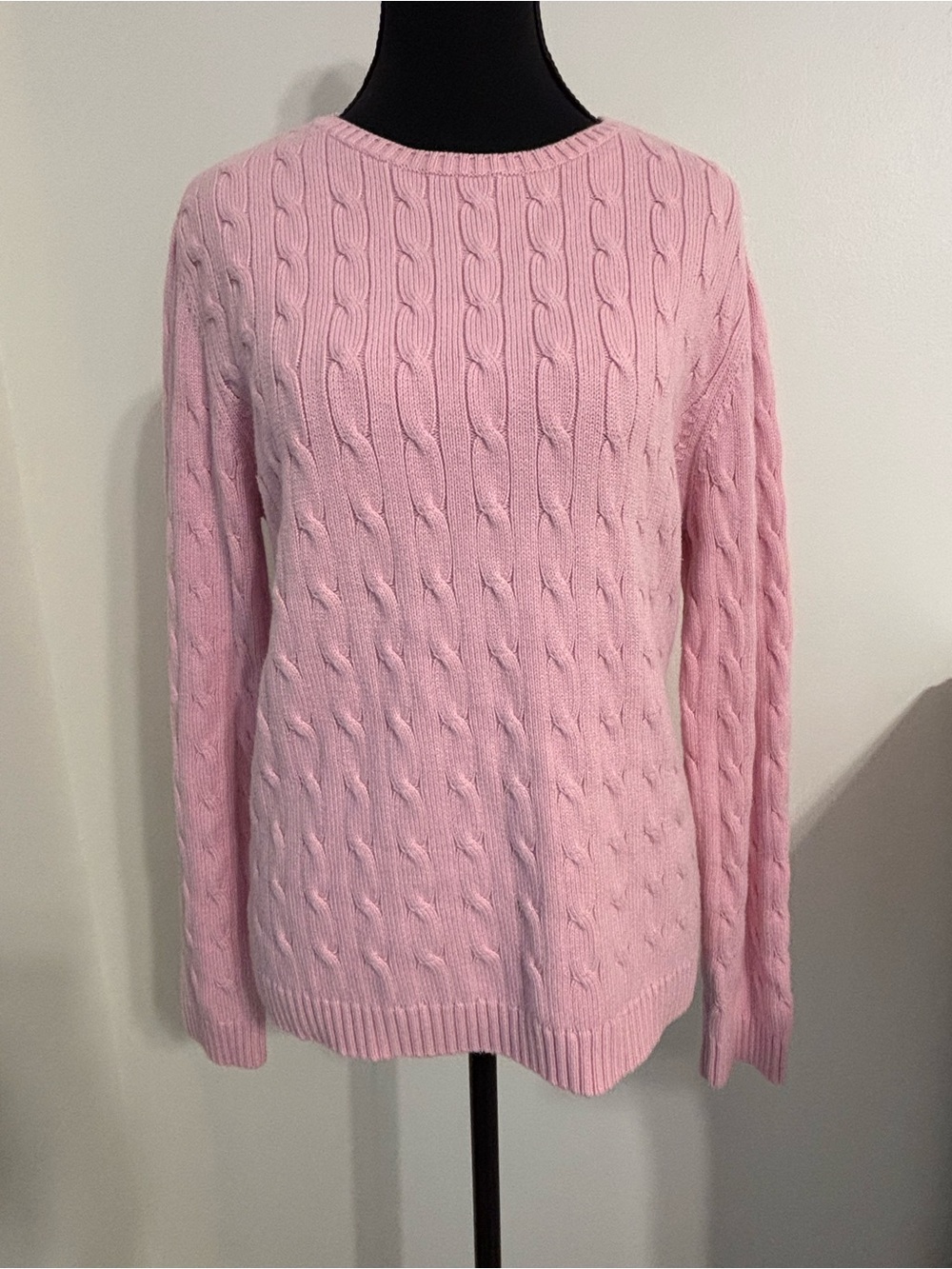 Kate Hill women’s size Large Pink Cable Knit sweater crew neck preppy classic